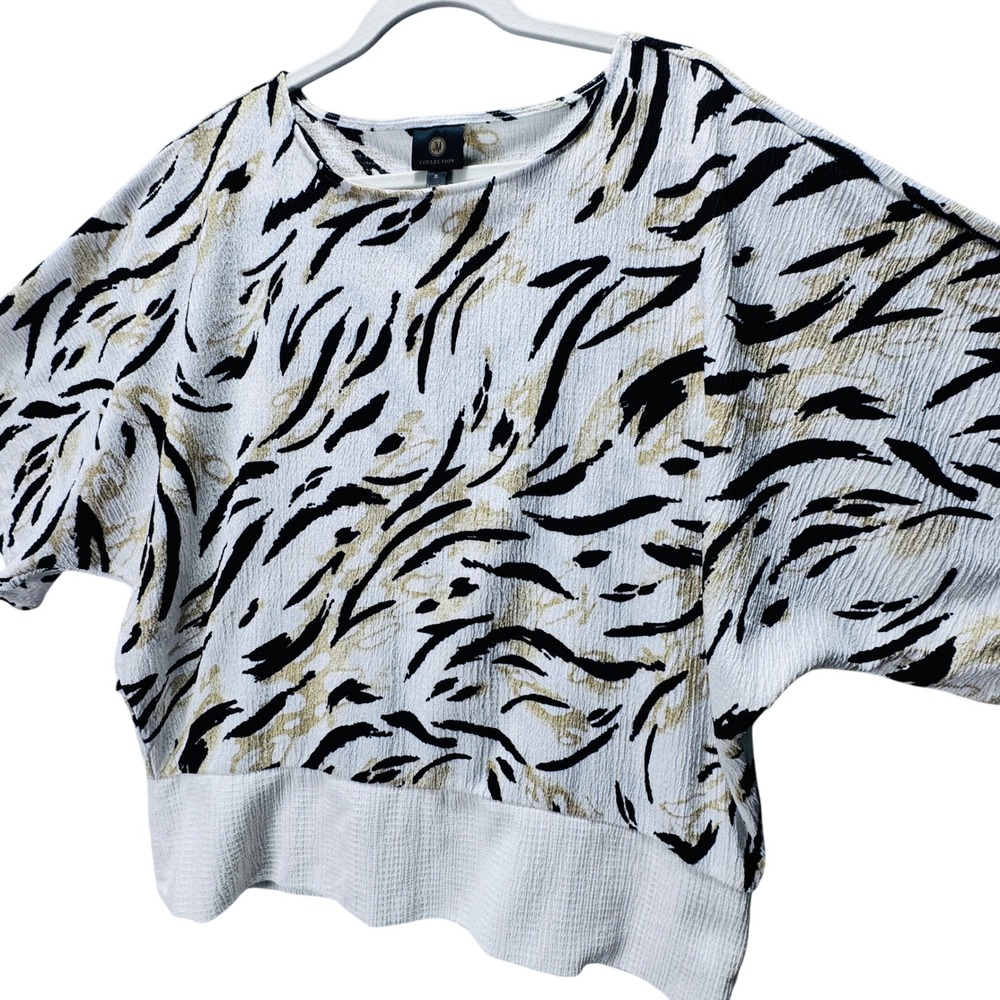 JM Collection Womens XL Tiger Print Dolman Sleeve Top White‎ Black Gold Textured